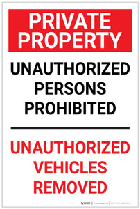 Private Property: Unauthorized Persons Prohibited Vehicles Removed - Label