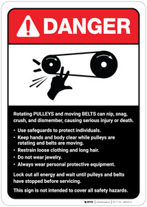 Danger: Pulleys and Belts on Machine Guidelines ANSI - Wall Sign Danger: Pulleys and Belts on Machine Guidelines ANSI - Wall Sign