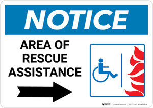 Notice: Area Of Rescue Assistance with ADA Fire Icon Right Arrow Landscape