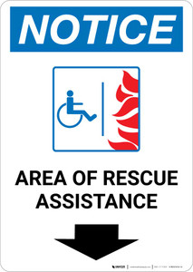Notice: Area Of Rescue Assistance with ADA Fire Icon and Down Arrow Portrait