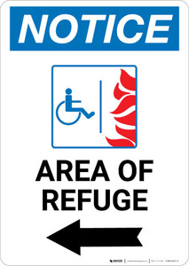 Notice: Area of Refuge with ADA Fire Icon and Left Arrow Portrait