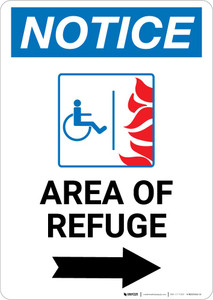 Notice: Area of Refuge with ADA Fire Icon and Right Arrow Portrait