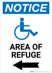Notice: Area of Refuge with ADA Icon Left Arrow Portrait