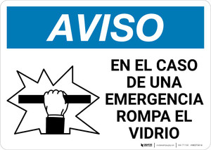 Notice: Spanish In Case Of Emergency Break Glass with Icon Landscape