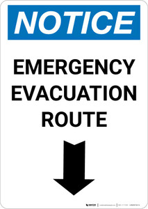 Notice: Emergency Evacuation Route with Down Arrow Portrait