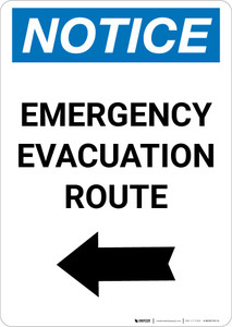 Notice: Emergency Evacuation Route with Left Arrow Portrait