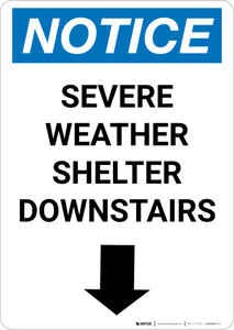 Notice: Severe Weather Shelter Downstairs Down Arrow Portrait