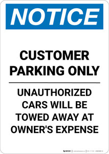 Notice: Customer Parking - Unauthorized Cars Will Be Towed Away Portrait