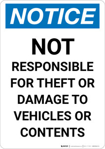 Notice: Not Responsible for Theft Or Damage To Vehicles Or Contents Portrait