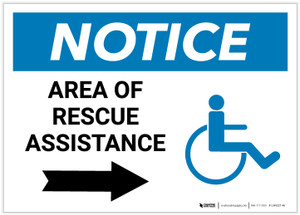 Notice: Area Of Rescue Assistance with ADA Icon and Right Arrow Landscape - Label