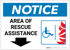 Notice: Area Of Rescue Assistance with ADA Fire Icon Down Arrow Landscape - Label