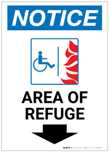 Notice: Area of Refuge with ADA Fire Icon and Down Arrow Portrait - Label Notice: Area of Refuge with ADA Fire Icon and Down Arrow Portrait - Label