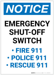 Notice: Emergency Shut-Off Switch - Police/Fire/Rescue 911 Portrait - Label