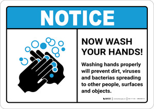 Notice: Wash Your Hands to Prevent Bacterias Spreading ANSI Landscape - Wall Sign