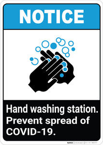 Notice: Hand Washing Station Prevent COVID-19 ANSI Portrait - Wall Sign