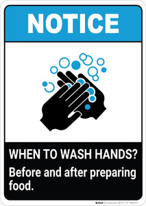 Notice: Wash Hands Before Preparing Food ANSI Portrait - Wall Sign