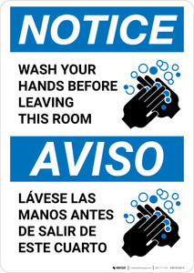 Notice: Wash Your Hands Before Leaving This Room ANSI Bilingual Spanish Portrait - Wall Sign