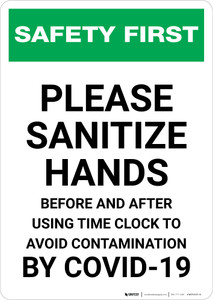 Safety First: Sanitize Hands Before & After Using Time Clock COVID-19 Portrait - Wall Sign