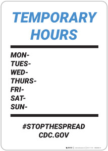 Temporary Hours: Stop The Spread Cdc Gov - Wall Sign