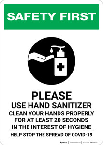 Safety First: Please Use Hand Sanitizer - Clean Your Hands Properly Portrait - Wall Sign