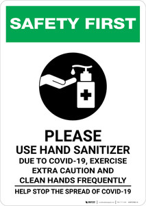 Safety First: Due to COVID-19, Exercise Extra Caution and Clean Hands Frequently Portrait - Wall Sign