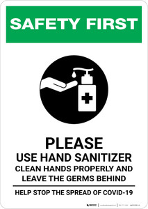 Safety First: Please Use Hand Sanitizer and Leave Germs Behind Portrait - Wall Sign