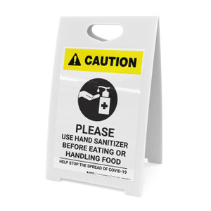 Caution: Please Use Hand Sanitizer - Before Eating or Handling Food with Icon Portrait - A-Frame Sign