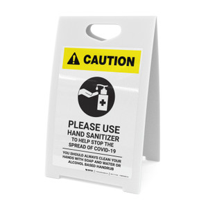 Caution: Please Use Hand Sanitizer - Clean Hands with Soap and Water with Icon Portrait - A-Frame Sign