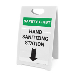 Safety First: Hand Sanitizing Station Below with Arrow Portrait - A-Frame Sign Safety First: Hand Sanitizing Station Below with Arrow Portrait - A-Frame Sign