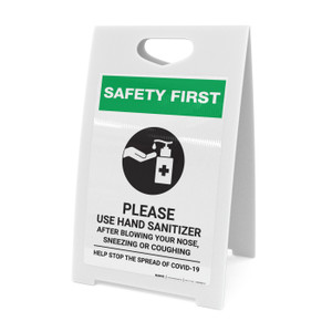 Safety First: Please Use Hand Sanitizer - After Blowing Your Nose, Sneezing, or Coughing with Icon Portrait - A-Frame Sign