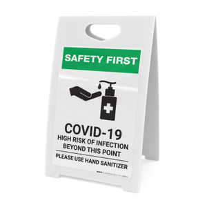 Safety First: COVID-19 High Risk Of Infection - Please Use Hand Sanitizer with Icon Portrait - A-Frame Sign