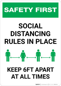 Safety First: Social Distancing Rules In Place Portrait - Wall Sign