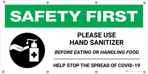 Safety First: Please Use Hand Sanitizer Before Eating Or Handling Food with Icon - Banner
