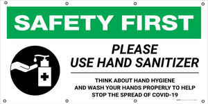 Safety First: Please Use Hand Sanitizer Think About Hand Hygiene with Icon - Banner