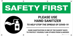 Safety First: Please Use Hand Sanitizer To Help Stop The Spread Of Covid-19 Protect Yourself with Icon - Banner
