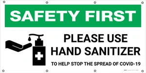 Safety First: Please Use Hand Sanitizer To Help Stop The Spread of Covid-19 with Icon - Banner