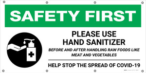 Safety First: Please Use Hand Sanitizer When Handling Raw Foods with Icon - Banner