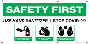 Safety First: Use Hand Sanitizer Stop Covid-19 with Icons - Banner