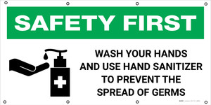 Safety First: Wash Your Hands And Use Hand Sanitizer with Icon - Banner