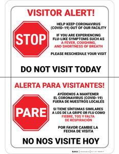 Visitor Alert - Help Keep Coronavirus Out of Our Facility Spanish Bilingual Portrait - Wall Sign Visitor Alert - Help Keep Coronavirus Out of Our Facility Spanish Bilingual Portrait - Wall Sign