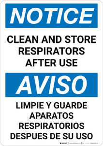 Notice: Clean And Store Respirators After Use Bilingual Spanish Portrait - Wall Sign