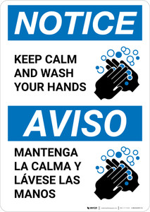 Notice: Keep Calm and Wash Your Hands Bilingual Spanish with Icon Portrait - Wall Sign