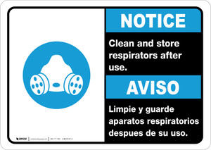 Notice: Clean And Store Respirators After Use Bilingual Spanish with Icon ANSI Portrait - Wall Sign
