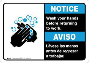 Notice: Wash Hands Before Returning To Work Bilingual Spanish with Icon ANSI Landscape - Wall Sign