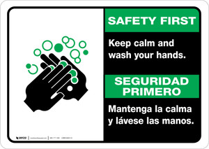 Safety First: Keep Calm and Wash Your Hands Bilingual Spanish with Icon Landscape - Wall Sign