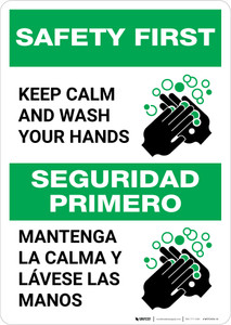 Safety First: Keep Calm and Wash Your Hands Bilingual Spanish with Icon Portrait - Wall Sign
