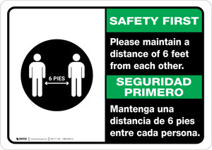 Safety First: Please Maintain A Distance Of 6 Feet Bilingual Spanish with Icon Landscape - Wall Sign Safety First: Please Maintain A Distance Of 6 Feet Bilingual Spanish with Icon Landscape - Wall Sign