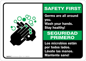 Safety First: Stay Healthy Wash Your Hands Bilingual Spanish with Icon Landscape - Wall Sign