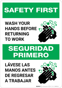 Safety First: Wash Hands Before Returning To Work Bilingual Spanish with Icon Portrait - Wall Sign