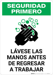 Safety First: Wash Hands Before Returning To Work Spanish with Icon Portrait - Wall Sign